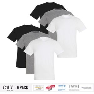 6 Pack Sol's Heren T-Shirt 100% biologisch katoen Ronde hals Zwart, Grijs en Wit Maat 3XL