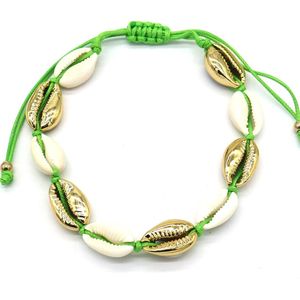 Enkelband groen- Verstelbaar- Verstelbaar- Pull Tie- met schelpen goud en wit
