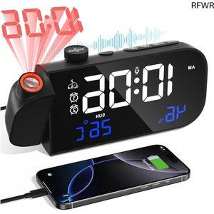 RFWR® Digitale projectiewekker met temperatuur, luchtvochtigheid en FM-radio - Spraakgestuurd en dimbare wekker voor slaapkamer