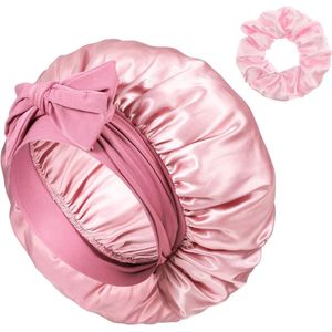 Zijden slaapmuts met verstelbare elastiek in donkerroze - Zijden bonnet voor dames met anti-slip - Luxe satijnen haarkap voor nachtrust