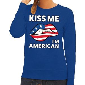 Kiss me I am American sweater blauw dames - feest trui dames - USA kleding XS