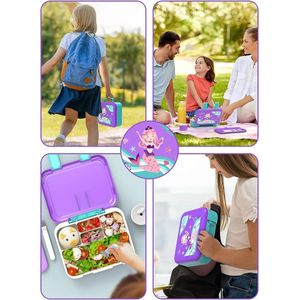 Lunchbox voor kinderen, grote capaciteit met 5 compartimenten, lekvrije lunchcontainer met sauspot, lepel en vork voor meisjes, jongens, volwassenen, BPA-vrij (zeemeermin