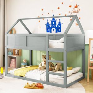 KOMHTOM Stapelbed 90x200 cm Kinderbed eenpersoonsbed met trap massief houten frame Grijs