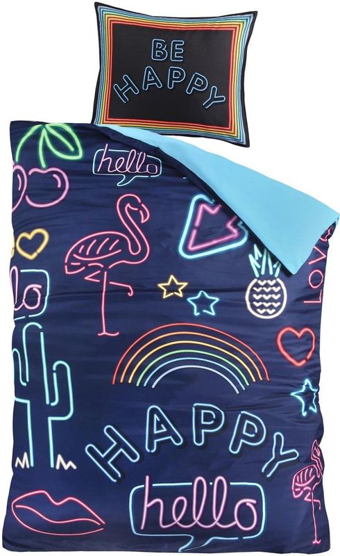 Decoware - Be Happy - Dekbedovertrek - Neon - Eenpersoons - 140x200 cm + 1 Kussensloop 60x70 cm