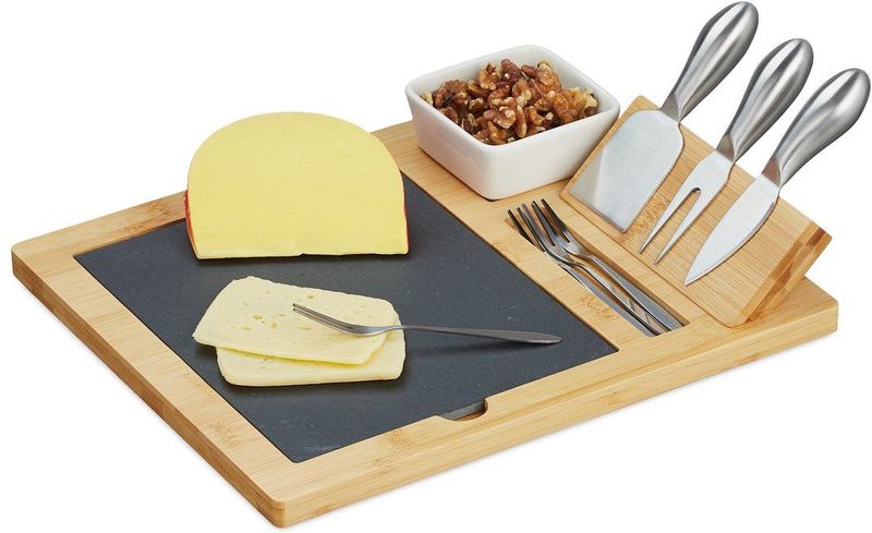 Relaxdays kaasplank set - met kaasbestek - leisteen serveerplank - kaasmessen - schaaltje