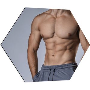 Dibond Hexagon - Gespierd Mannenlichaam in Grijze Joggingsbroek - 80x69.6 cm Foto op Hexagon (Met Ophangsysteem)
