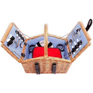 Rieten Picknickmand met handvat voor 2 personen hoge kwaliteit mand met picknickkleed binnen blauw geruit. picnic basket