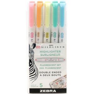 Zebra Mildliner Double Sided Tekstmarker Fine & Bold –  Pastel  & Fluorescent Colours- Set van 5  + 1 EXTRA Violet  Mildliner  GRATIS