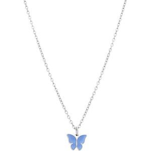 Lucardi Kinder Stalen ketting met vlinder lichtblauw - Ketting - Staal - Zilverkleurig - 40 cm