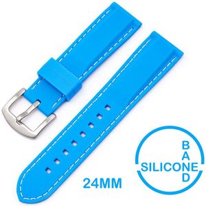 24mm Rubber Siliconen horlogeband Lichtblauw met witte stiksels passend op o.a Casio Seiko Citizen en alle andere merken - 24 mm Bandje - Licht Blauw - Horlogebandje horlogeband