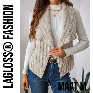 LaGloss® Teddy Bodywarmer Crème met Strepen & Bolletjes – Mouwloos Vest Dames – Zachte Pluche Winter Gilet – Modieuze Bodywarmer – Maat M