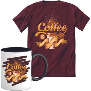 T-Shirtknaller T-Shirt met Koffiemok | Coffee Is Always A Good Idea - Koffie Kleding | Heren / Dames Shirt met Mok Cadeau | Kleur rood | Maat S