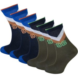6 Paar kindersokken - Sportlook - Marineblauw/Legergroen - Maat 27-30