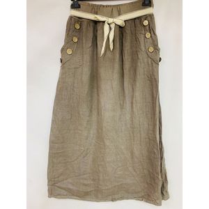 Linnen lange rok in kleur TAUPE met elastische talie, zijzakken met knoppen en riem, maat M/L
