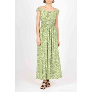 Lange dames jurk Fieke-gebloemd motief-donker lime groen wit-Maat M/L-strandjurk