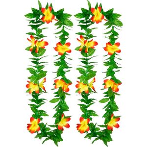 Toppers - Boland Hawaii krans/slinger - 2x - Tropische kleuren mix groen/geel - Bloemen hals slingers