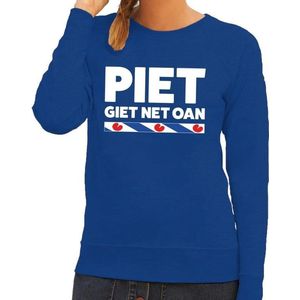 Blauwe sweater met Friese uitspraak Piet Giet Net Oan dames - Friese weerman tekst trui S