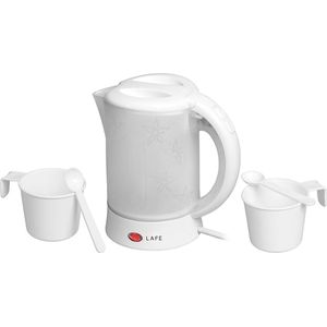 Lafe - Waterkoker 0.6L- Inclusief 2 Kopjes en Lepels - Kleine Waterkoker Voor Camping of Caravan - 600W - Wit