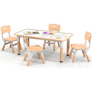 COSTWAY Kindertafel met 4 stoelen, kinderzitgroep, in hoogte verstelbaar, met graffiti-tafelblad, kindertafelstoelset, Maltafel, activiteitstafel voor jongens en meisjes vanaf 18 maanden, naturel