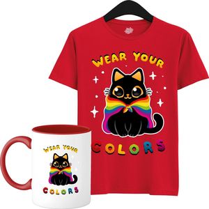 Schattige Pride Vlag Kat - Unisex T-Shirt Mannen en Vrouwen - LGBTQ+ Suporter Kleding - Gay Progress Pride Shirt - Rainbow Community - T-Shirt met mok - Unisex - Rood - Maat XXL