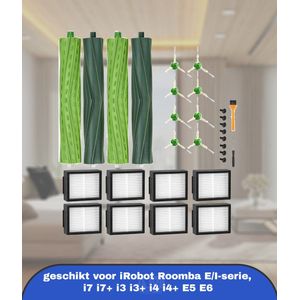 Reserveonderdelen geschikt voor iRobot Roomba E/I-serie, i7 i7+ i3 i3+ i4 i4+ E5 E6, borstelaccessoires geschikt voor iRobot Roomba, 2 sets rubberen borstels,8 hoogwaardige filters, 8 zijborstels