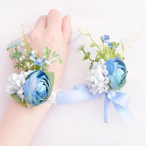 Lichtblauwe Rose Pols Corsage en Boutonniere Set Hand Bloem voor Prom Kunstmatige Bruiloft voor Afstuderen Feest