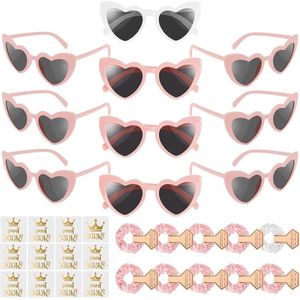 Hen Party Bride Team Accessoires - 10 hartvormige bril met 10 satijnen haarscrunchies & 12 bruidstattoos - vrijgezellenfeest decoraties - bruids team hart brillen set voor feest (roze) met gebruiksvoorwerpen .