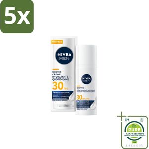 5 x NIVEA MEN – Gezichtscrème – Sensitive, Gevoelige huid, SPF30 – 50 ml - Grootverpakking - Gevoelige Huid - Hydraterende Crème - SPF30 - Zonbescherming - Blauw Licht Bescherming