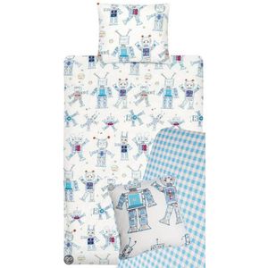 Beddinghouse Kids Funny Robots - Dekbedovertrekset - inclusief hoeslaken en sierkussensloop - 1-persoons - 140 x 200/220 - Blauw