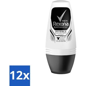 12 x Rexona Men - Invisible On Black & White - Deo Roller - 50 ml - Rexona Deodorant - Deodorant Voor Mannen - Antitranspirant - Vlekkenvrije Deodorant - Deodorant 50 Ml