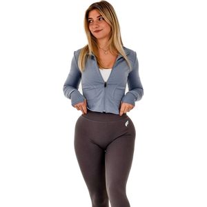 Dames Sportvest – Essentials Fitness Jacket Slim Fit & Stretch – Ademend & Flatterend – Voor Yoga, Pilates & Casual – DM Training (grijsblauw)