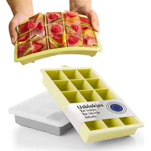 Blumtal IJsblokjesvorm - 2 x 15 IJsblokjes - Hoogwaardig Siliconen - 30 Stuks - 3,3 cm - Vierkant - Incl. Deksel - Grijs en Geel - Set van 2