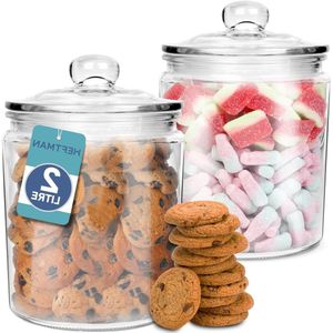 Glazen pot met deksel - 2 x 2 liter - luchtdichte push-top deksel - voor snoep koffie suiker waspods (2 stuks)