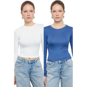 Trendyol Zwart-Ecru Dubbelpack Cropped/Korte Aansluitende Gebreide Blouse Twoaw25Bz00061
