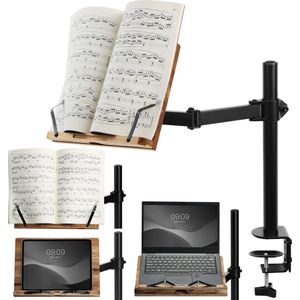 Navaris acacia boekenstandaard met arm - Past op tafels bureau of aanrecht - Houder voor boeken tablet ereader of bladmuziek - 34 x 45 x 55 cm - Zwart