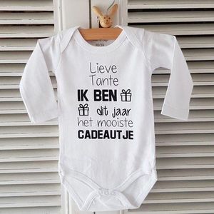 Rompertje met tekst Lieve tante Ik ben dit jaar het mooiste cadeautje | lange mouw | wit zwart | maat 50-56 bekendmaking zwangerschap aanstaande baby jongen meisje unisex