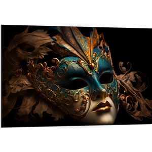 PVC Schuimplaat - Venetiaanse carnavals Masker met Blauwe en Gouden Details tegen Zwarte Achtergrond - 105x70 cm Foto op PVC Schuimplaat (Met Ophangsysteem)