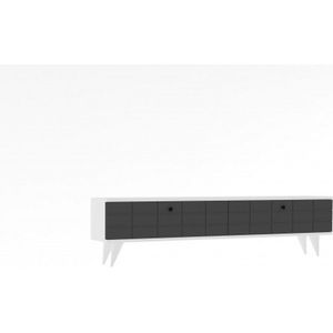 Asir tv-standaard. 100% GEMELAMINEERDE SPAANPLAAT. Dikte: 18 mm. Massief houten deur. Kunststof Benen. Breedte: 160 cm Hoogte: 35 cm Diepte: 25 cm. Talrijke planken. Extra opslag