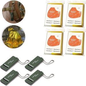 Colorful Sun® Survival Kit: Noodfluit + Reddingsdeken - Noodfluit x 4 + Reddingsdeken x 4 (160x210cm, Goud/Zilver) - Voor Outdoor Avonturen, Wandelen, Kamperen en Noodsituaties - Thermische Isolatiedeken en Luide Alarmfluit met Sleutelkoord