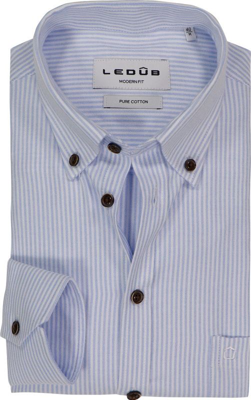 Ledub - Modern Fit - Overhemd - Lichtblauw Gestreept - Strijkvriendelijk