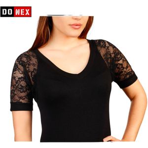 Dameshemd met kanten korte mouwen - Onderhemd dames - 92% katoen - Lycra - Zwart - Maat L/XL