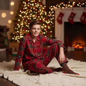 La-V Flanel pyjama set voor jongen met geruit patroon- Grijs - 140-146