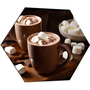 Dibond Hexagon - Chocomel - Mokken - Marshmallows - lepel - Chocolade - 80x69.6 cm Foto op Hexagon (Met Ophangsysteem)