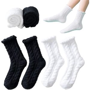 6 paar warme wintersokken voor dames, zacht en pluizig, gemaakt van koraalfleece, one size fits all (maten 35-42), kleurstelling zwart en wit.