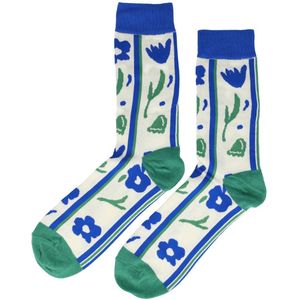Sokken Katoen - Tulpen Bloemen Print - Blauw Groen Wit - Maat 38-45