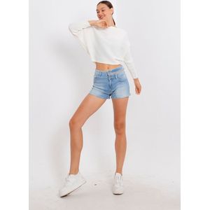 Sockston Dames Top - Gestructeerde vleermuismouw gebreide blouse - crop pullover - korte trui - beige trui - maat one size