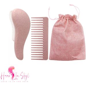 Haar in Stijl® | Roze Detangle Brush Set van 3 | Scalp Massager, Ontklitter Borstel, Wide Comb en een opbergzakje