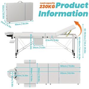 Aluminium Massagetafel – Massagebed – Massagetafel Inklapbaar – Therapie Tafel – Behandelingstafel – 8-Delige Hoogte Verstelling – Inclusief Opbergtas Wit