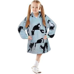 Kinderhoodie-deken - oversized knuffelhoodie voor kinderen - meisjes en jongens - knuffelfleece draagbare deken - sherpa - wollige enorme capuchon - sweatshirt voor jongeren - Grijze wonderkat