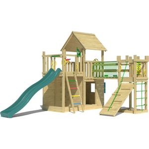 Jungle Gym speeltoestel van douglas hout - Jungle Olympus met groene glijbaan - Tuin speeltoestel voor buiten met zandbak en klimwand